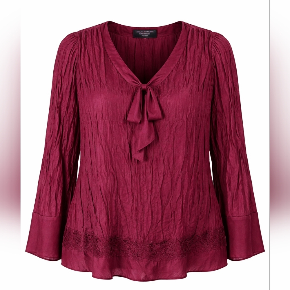 2X Robbie Bee Signature Crinkled Blouse & Skirt Coordinated Set Burgundy - Picture 2 of 6